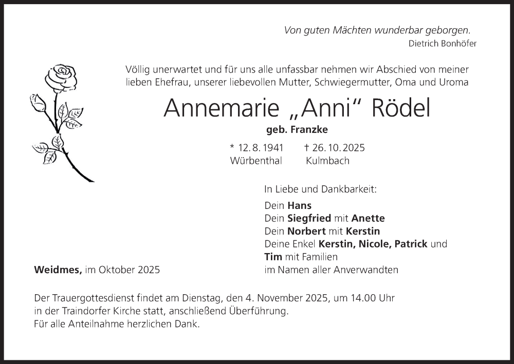  Traueranzeige für Annemarie Rödel vom 31.10.2025 aus MGO
