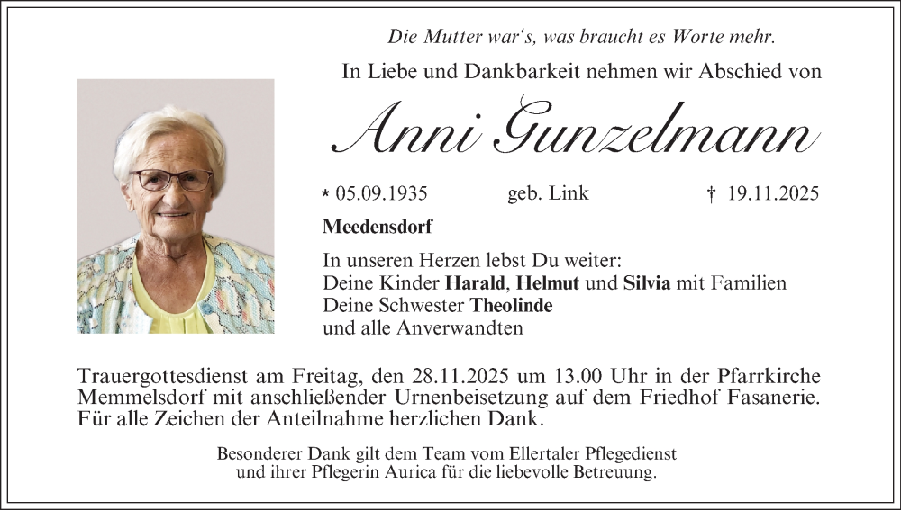  Traueranzeige für Anni Gunzelmann vom 22.11.2025 aus MGO