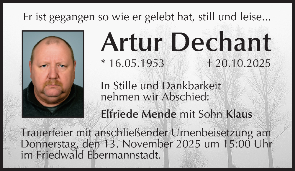  Traueranzeige für Artur Dechant vom 08.11.2025 aus MGO
