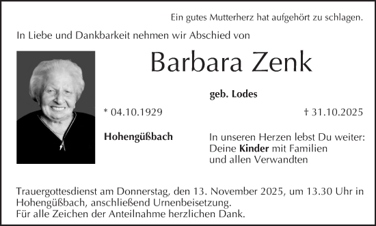 Anzeige von Barbara Zenk von MGO
