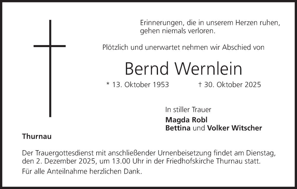  Traueranzeige für Bernd Wernlein vom 29.11.2025 aus MGO