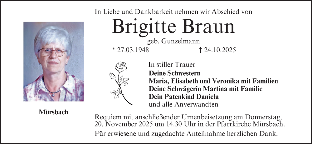  Traueranzeige für Brigitte Braun vom 15.11.2025 aus MGO