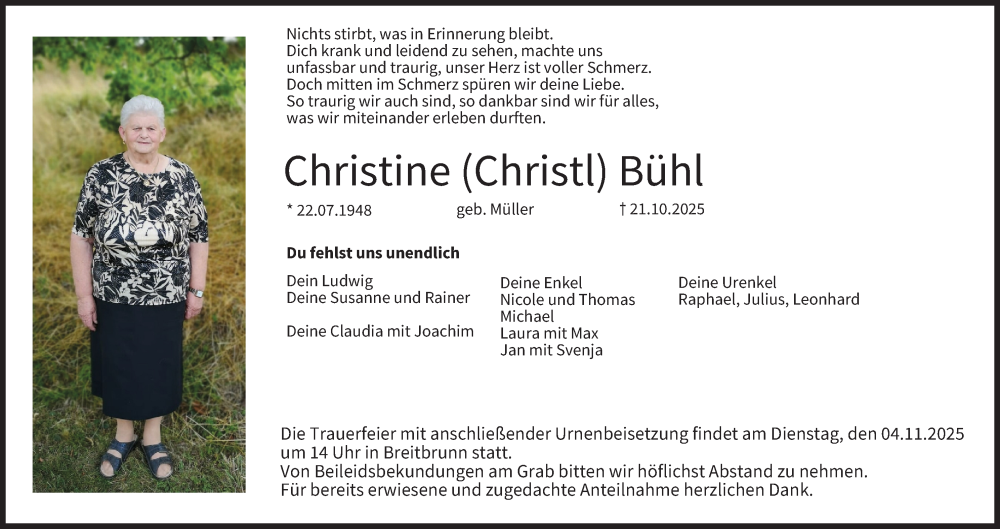  Traueranzeige für Christine Bühl vom 31.10.2025 aus MGO