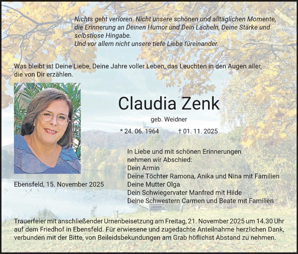  Traueranzeige für Claudia Zenk vom 15.11.2025 aus MGO