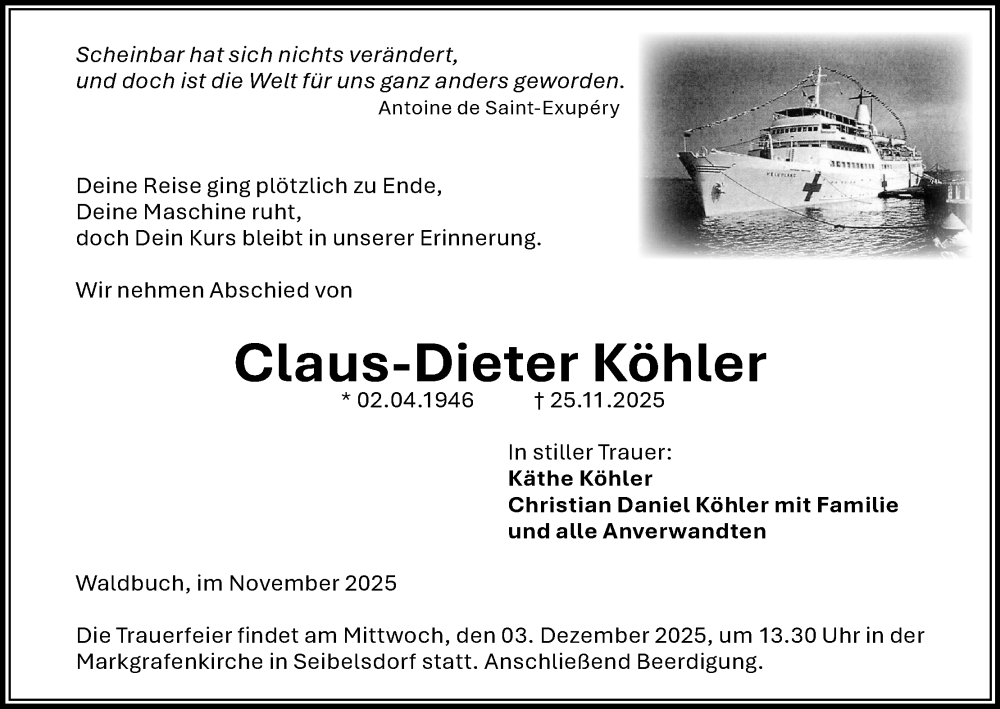  Traueranzeige für Claus-Dieter Köhler vom 29.11.2025 aus MGO