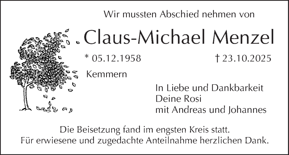  Traueranzeige für Claus-Michael Menzel vom 15.11.2025 aus MGO