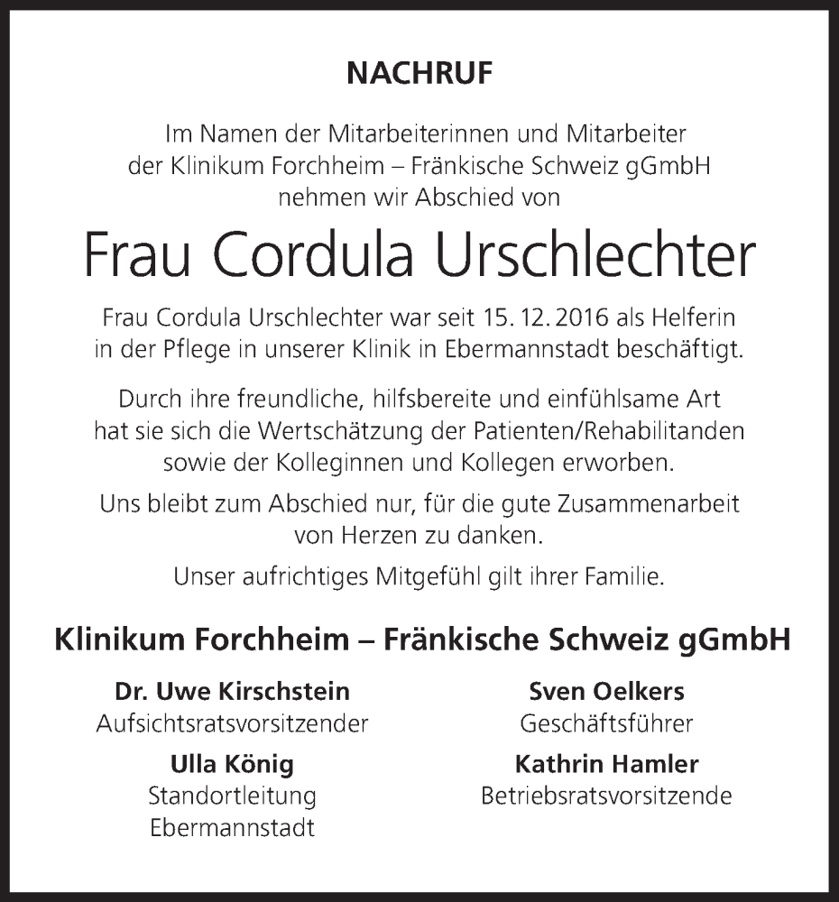  Traueranzeige für Cordula Urschlechter vom 31.10.2025 aus MGO