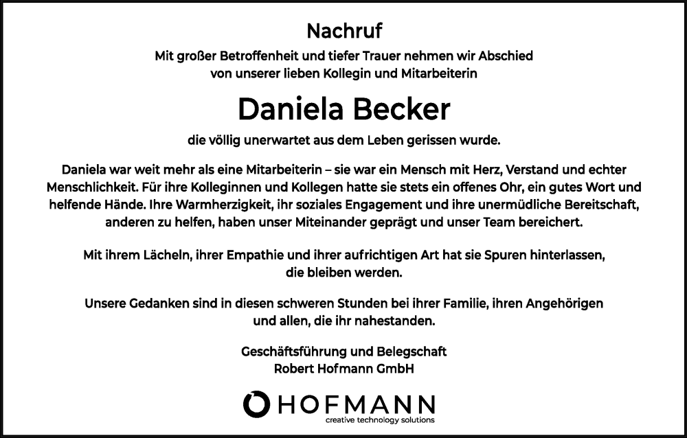  Traueranzeige für Daniela Becker vom 21.11.2025 aus MGO