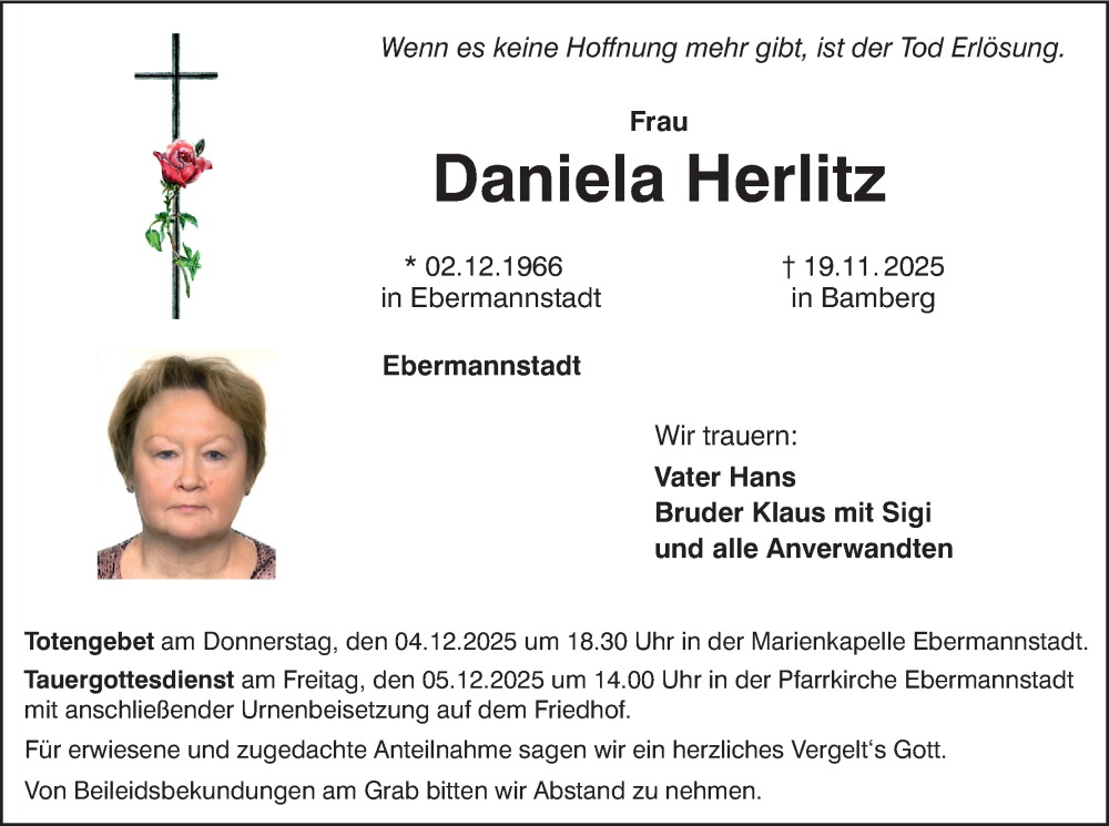  Traueranzeige für Daniela Herlitz vom 29.11.2025 aus MGO