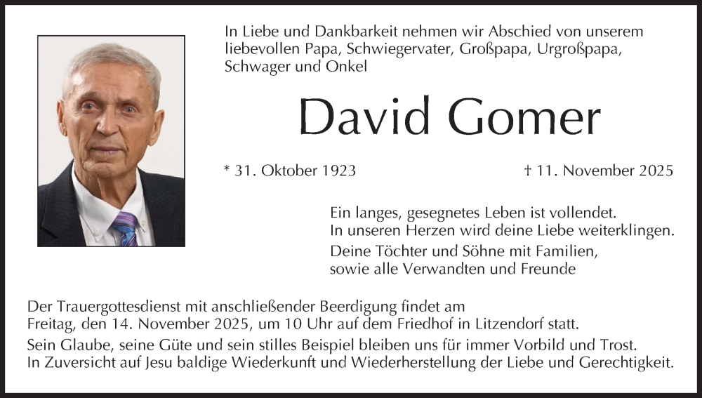  Traueranzeige für David Gomer vom 13.11.2025 aus MGO