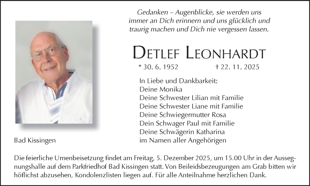  Traueranzeige für Detlef Leonhardt vom 29.11.2025 aus MGO