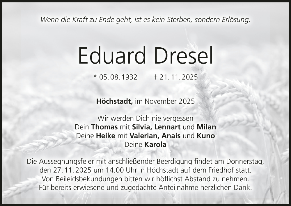  Traueranzeige für Eduard Dresel vom 25.11.2025 aus MGO
