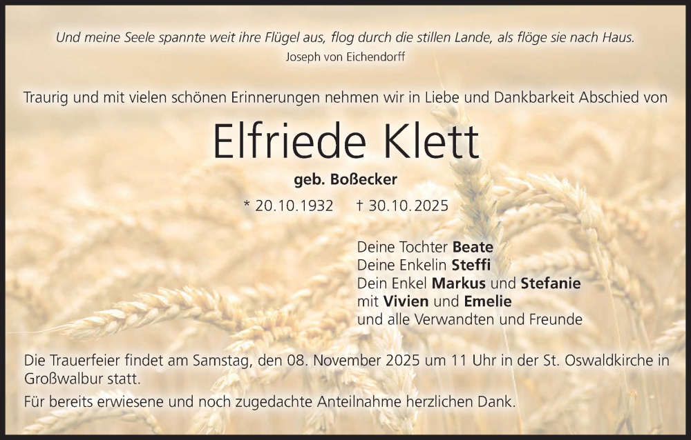  Traueranzeige für Elfriede Klett vom 05.11.2025 aus MGO