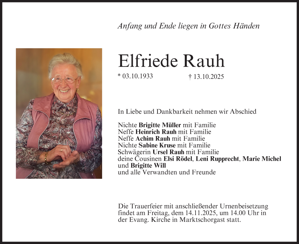 Traueranzeige für Elfriede Rauh vom 08.11.2025 aus MGO