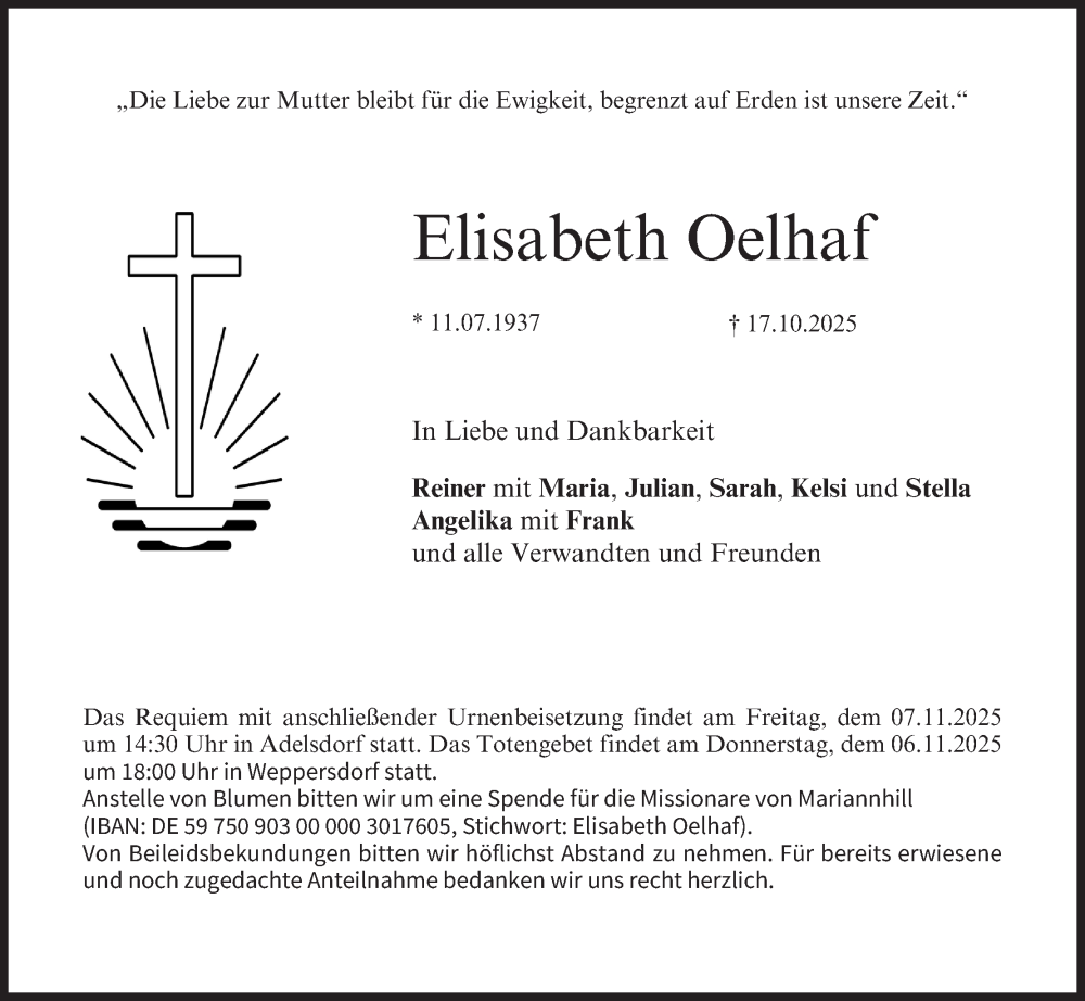  Traueranzeige für Elisabeth Oelhaf vom 31.10.2025 aus MGO