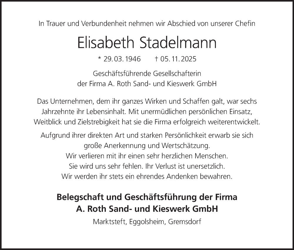  Traueranzeige für Elisabeth Stadelmann vom 08.11.2025 aus MGO