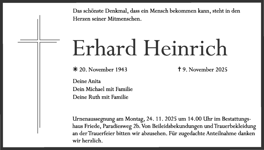  Traueranzeige für Erhard Heinrich vom 22.11.2025 aus MGO