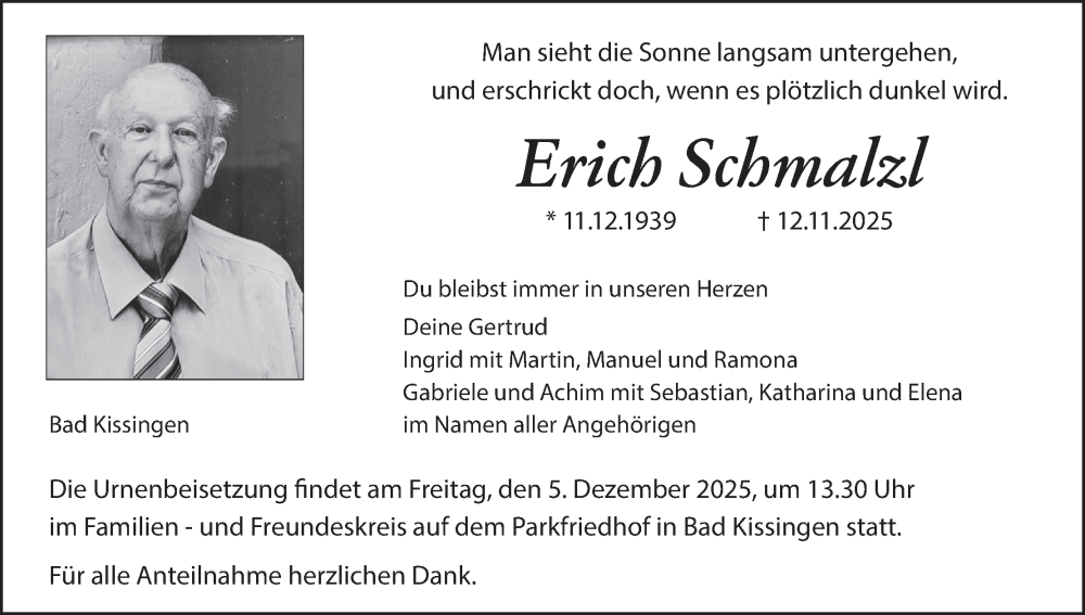  Traueranzeige für Erich Schmalzl vom 22.11.2025 aus MGO