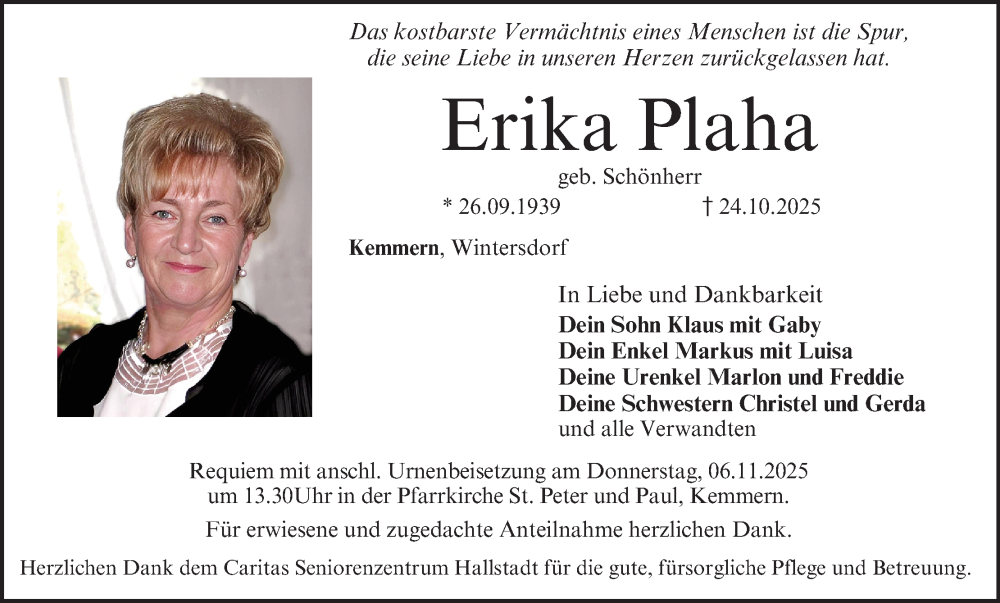  Traueranzeige für Erika Plaha vom 31.10.2025 aus MGO
