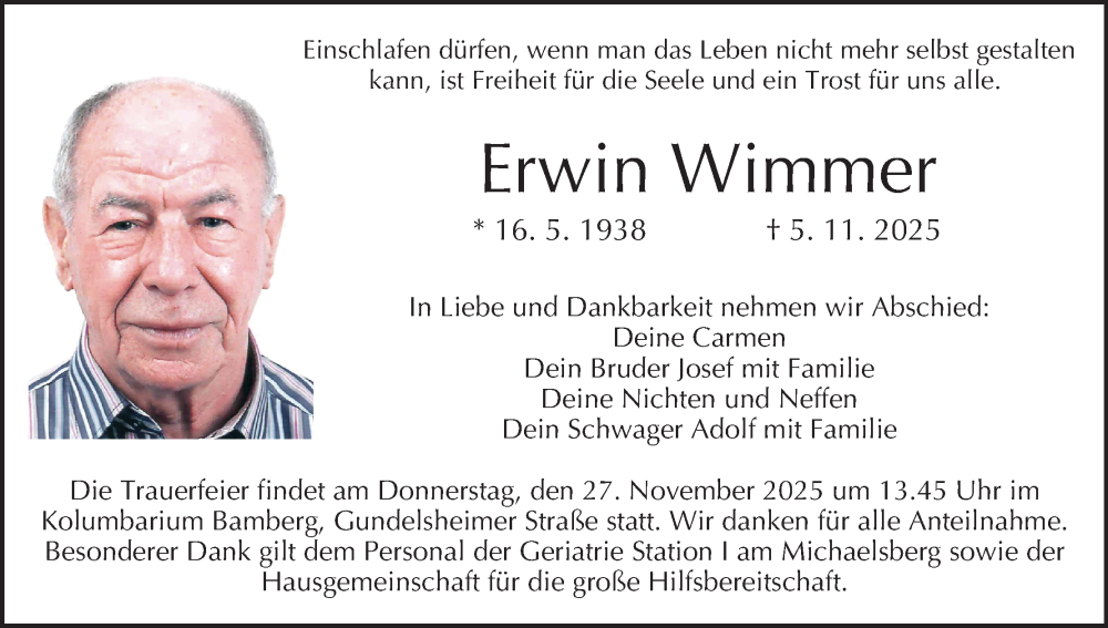  Traueranzeige für Erwin Wimmer vom 22.11.2025 aus MGO