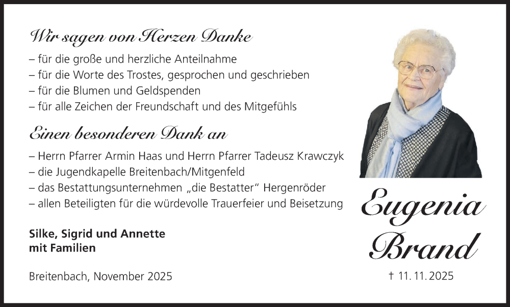  Traueranzeige für Eugenia Brand vom 29.11.2025 aus MGO