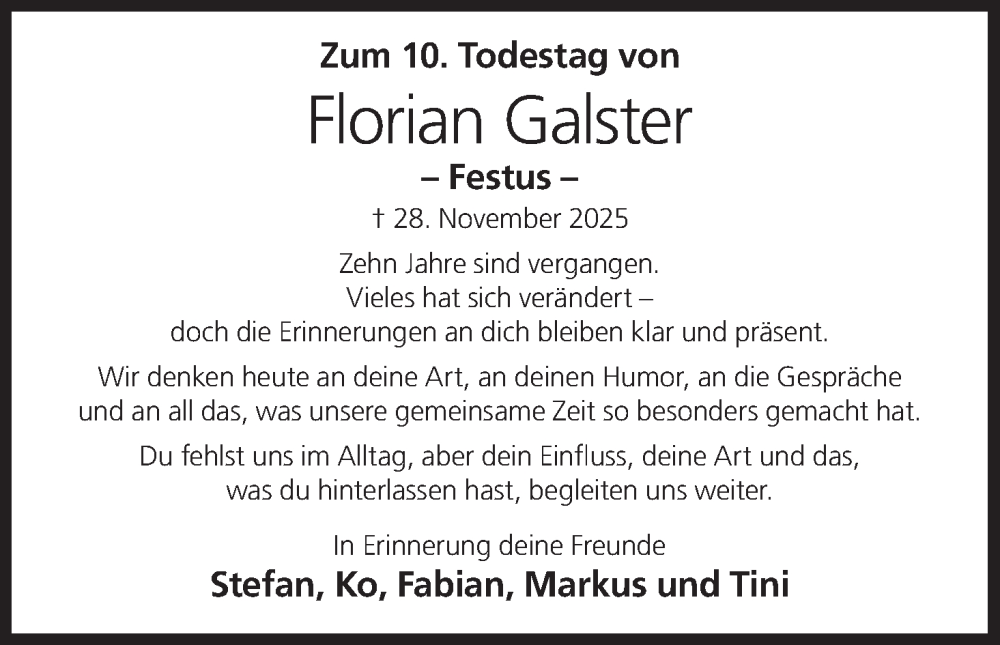  Traueranzeige für Florian Galster vom 28.11.2025 aus MGO