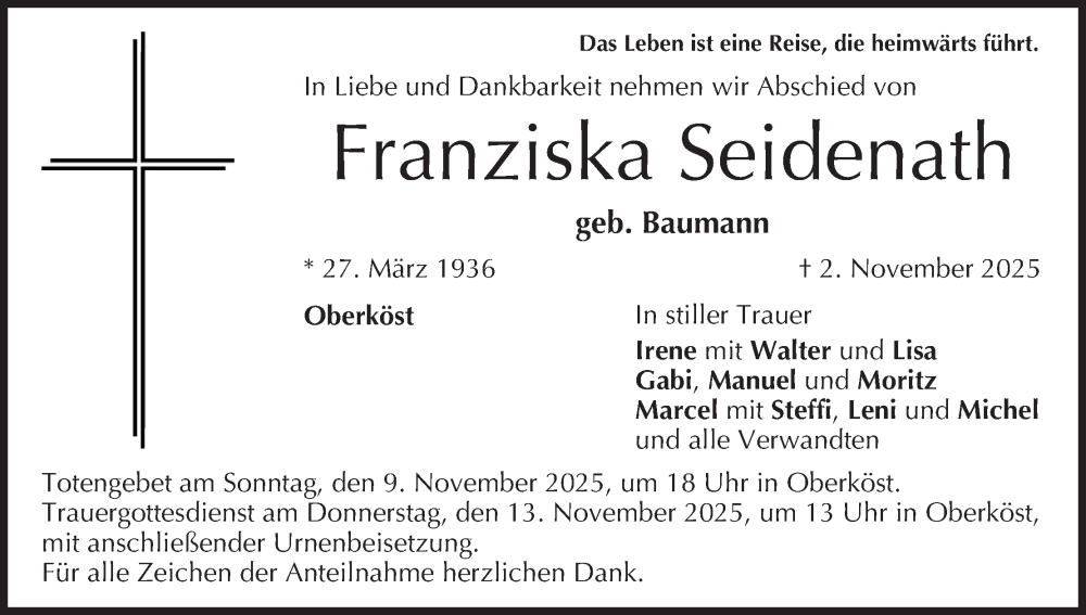  Traueranzeige für Franziska Seidenath vom 08.11.2025 aus MGO