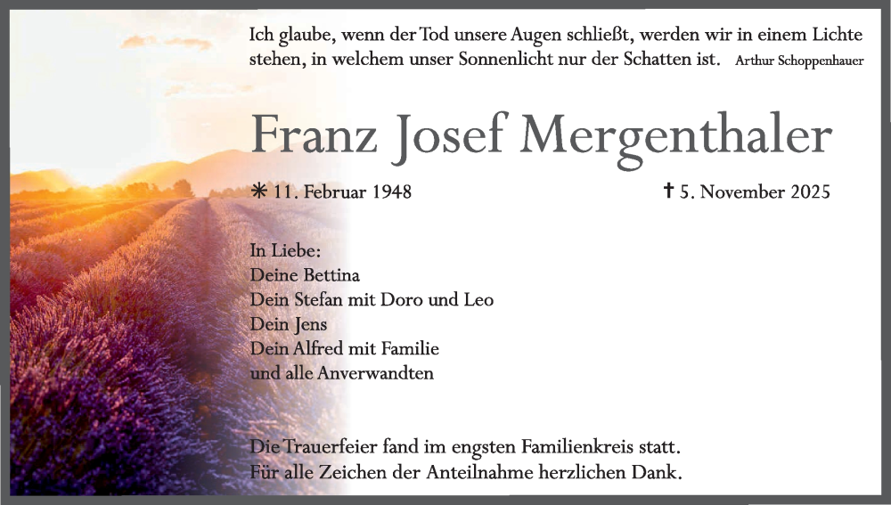  Traueranzeige für Franz Josef Mergenthaler vom 15.11.2025 aus MGO