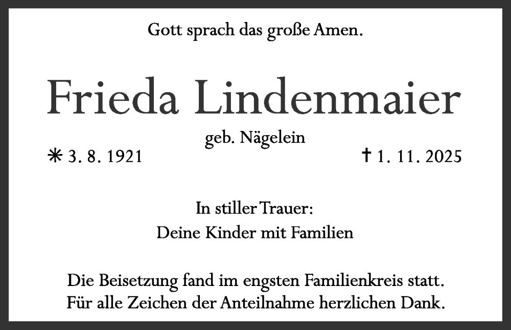  Traueranzeige für Frieda Lindenmaier vom 15.11.2025 aus MGO