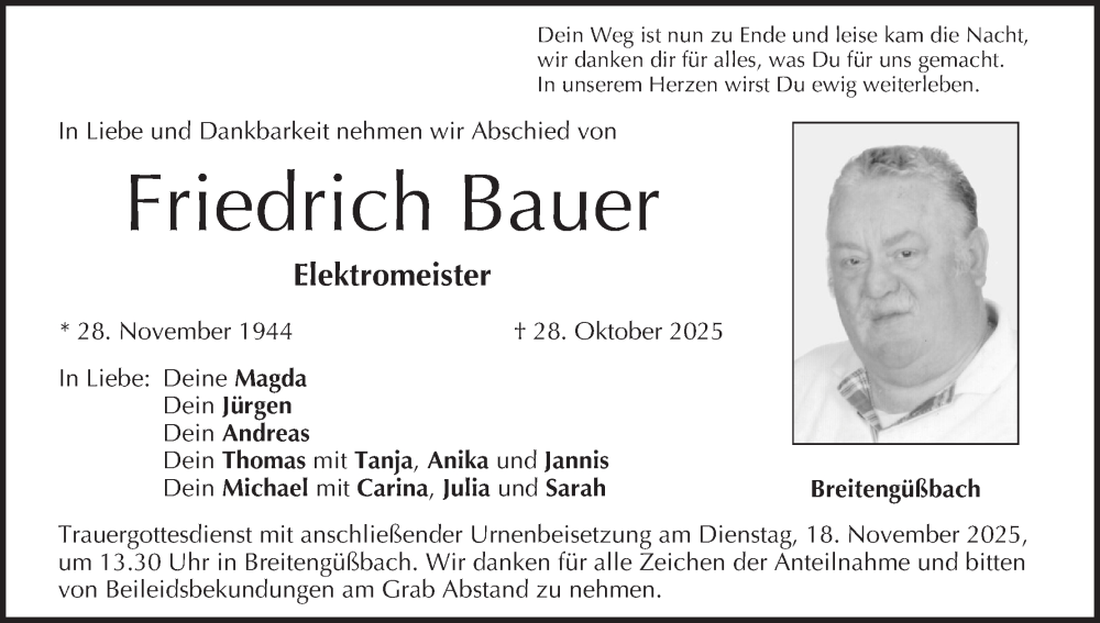  Traueranzeige für Friedrich Bauer vom 08.11.2025 aus MGO