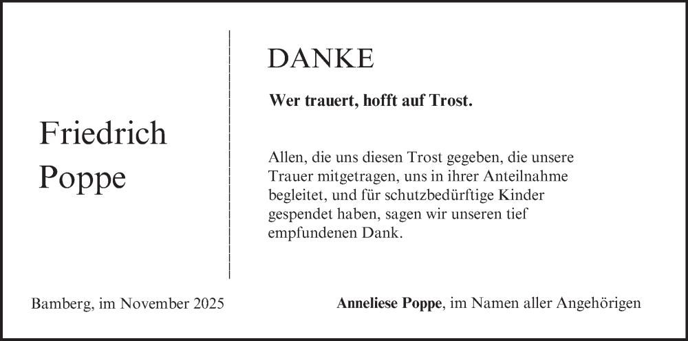  Traueranzeige für Friedrich Poppe vom 22.11.2025 aus MGO