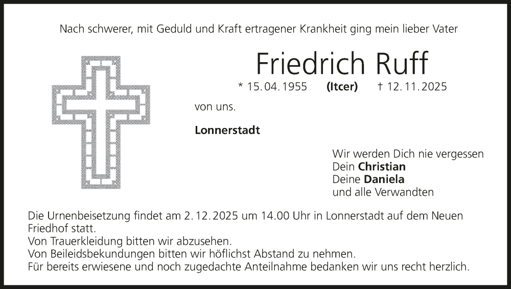  Traueranzeige für Friedrich Ruff vom 28.11.2025 aus MGO