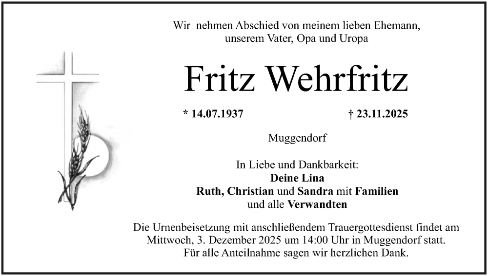  Traueranzeige für Fritz Wehrfritz vom 29.11.2025 aus MGO