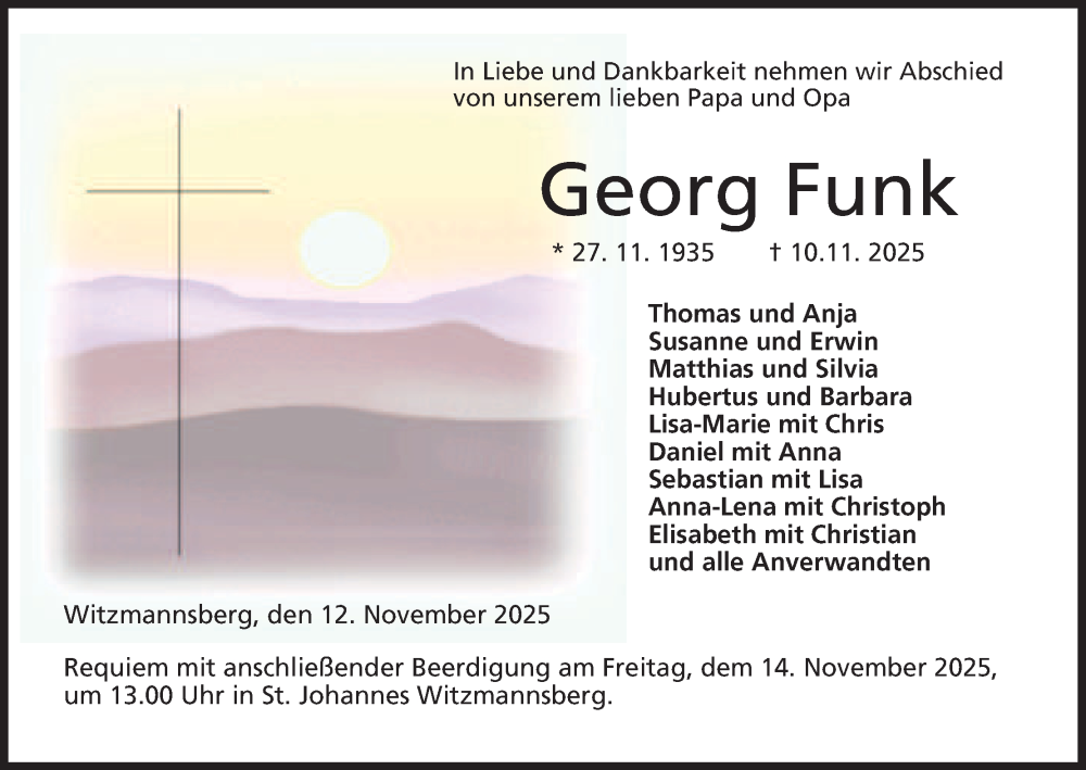  Traueranzeige für Georg Funk vom 12.11.2025 aus MGO
