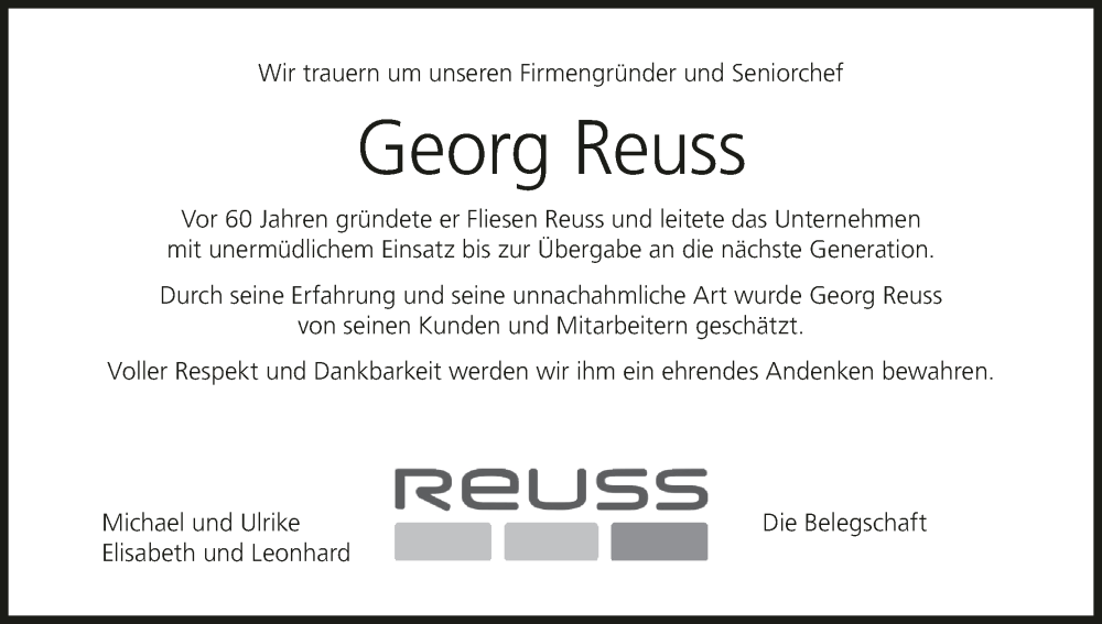  Traueranzeige für Georg Reuß vom 22.11.2025 aus MGO