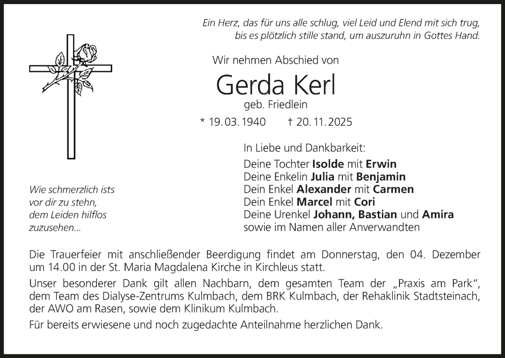  Traueranzeige für Gerda Kerl vom 29.11.2025 aus MGO