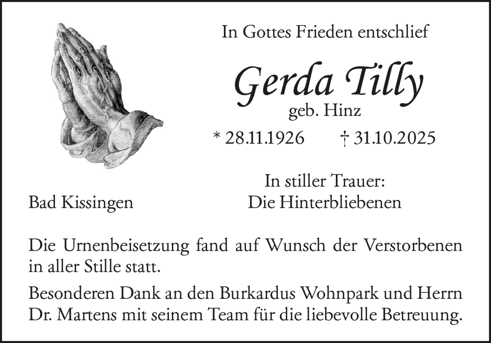  Traueranzeige für Gerda Tilly vom 08.11.2025 aus MGO