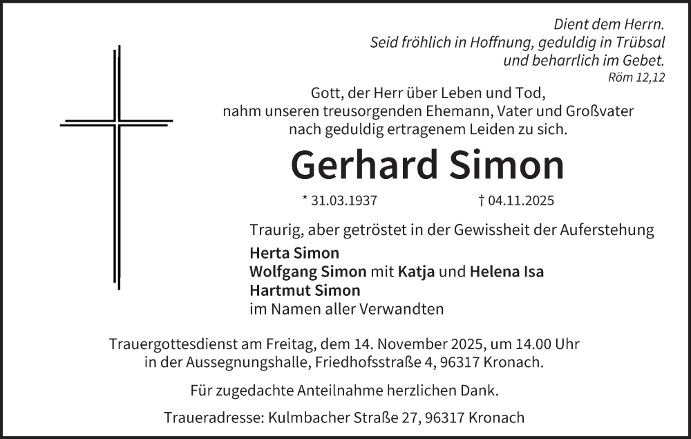  Traueranzeige für Gerhard Simon vom 08.11.2025 aus MGO