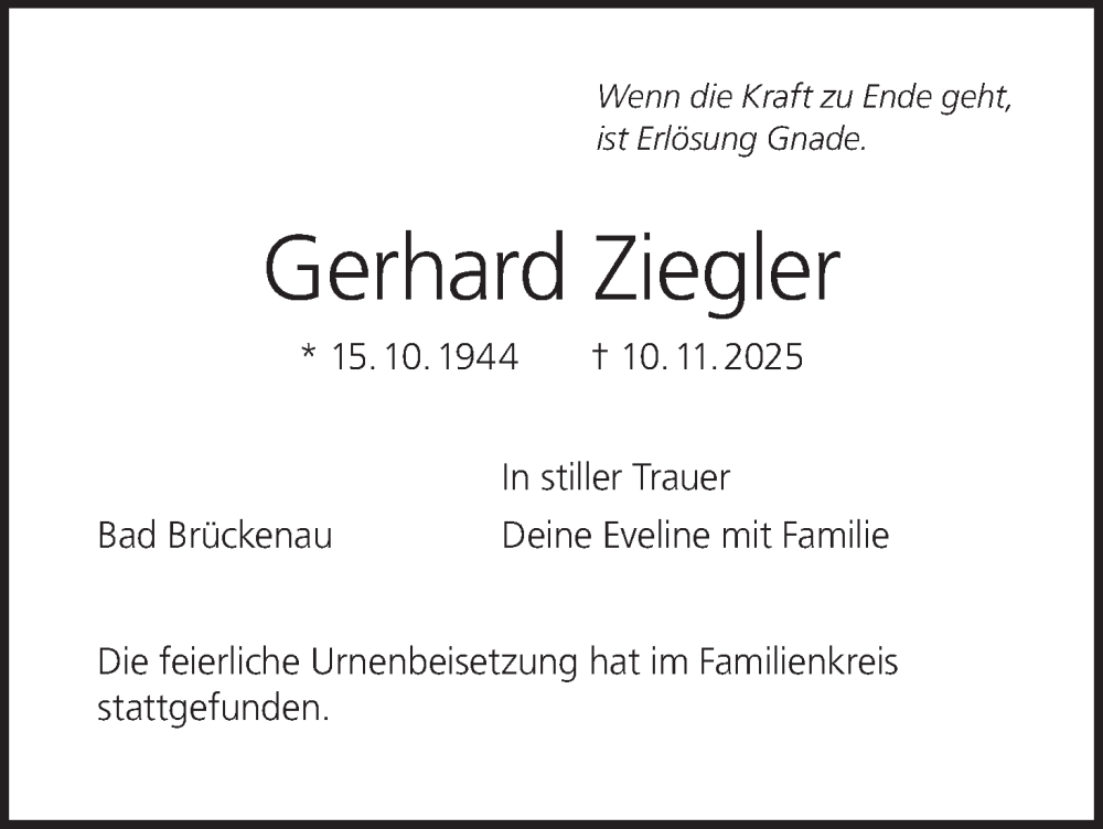  Traueranzeige für Gerhard Ziegler vom 29.11.2025 aus MGO