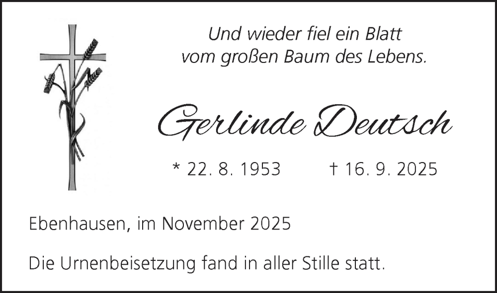  Traueranzeige für Gerlinde Deutsch vom 08.11.2025 aus MGO