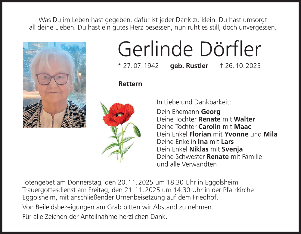  Traueranzeige für Gerlinde Dörfler vom 15.11.2025 aus MGO