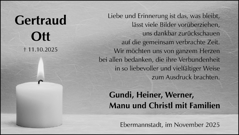  Traueranzeige für Gertraud Ott vom 08.11.2025 aus MGO
