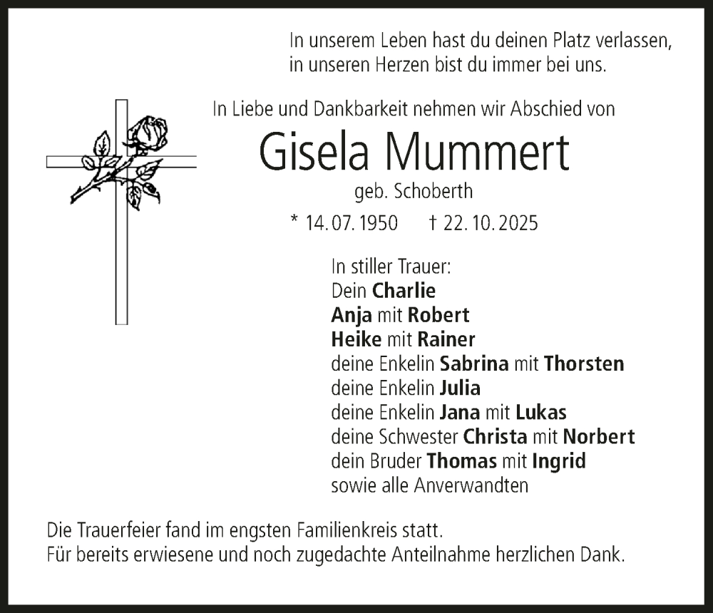  Traueranzeige für Gisela Mummert vom 29.11.2025 aus MGO