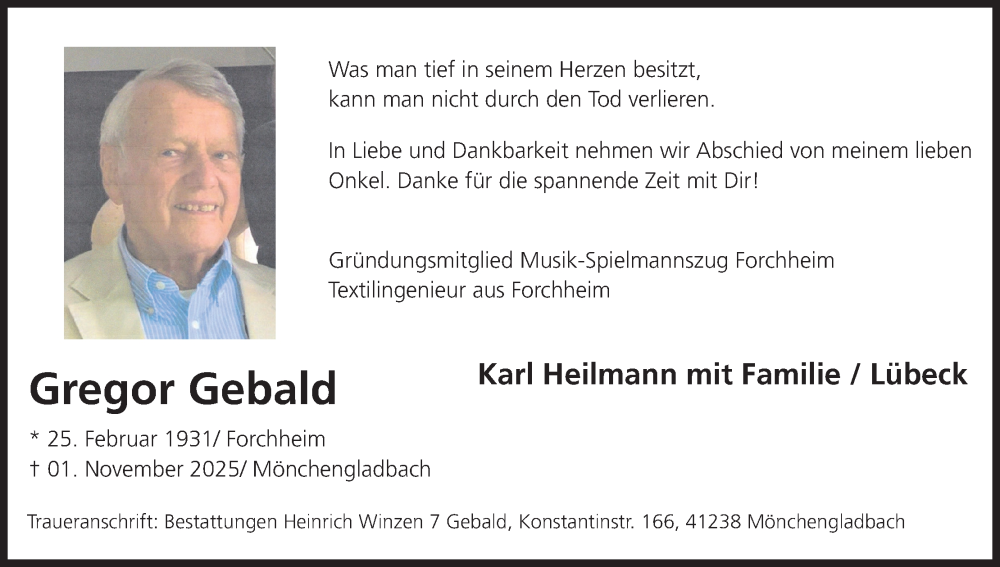  Traueranzeige für Gregor Gebald vom 22.11.2025 aus MGO