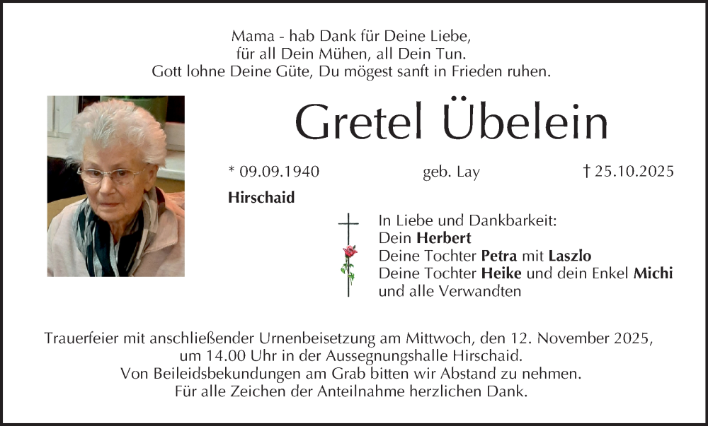  Traueranzeige für Gretel Übelein vom 08.11.2025 aus MGO