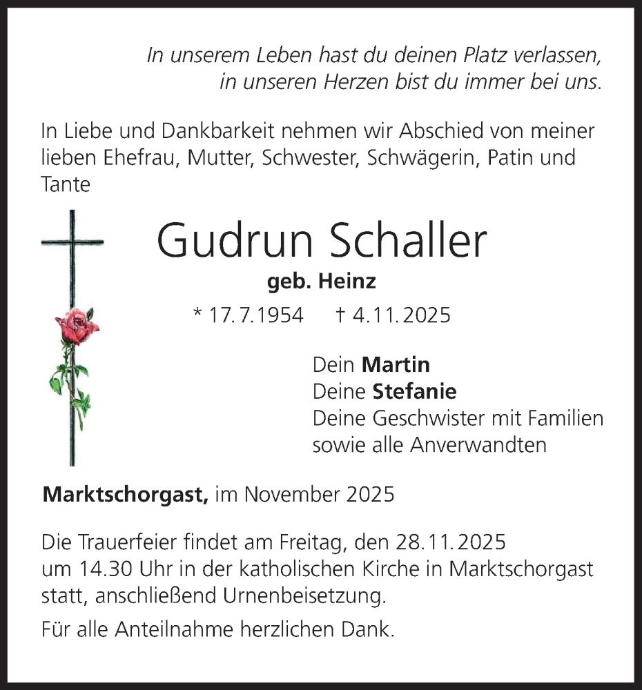  Traueranzeige für Gudrun Schaller vom 22.11.2025 aus MGO