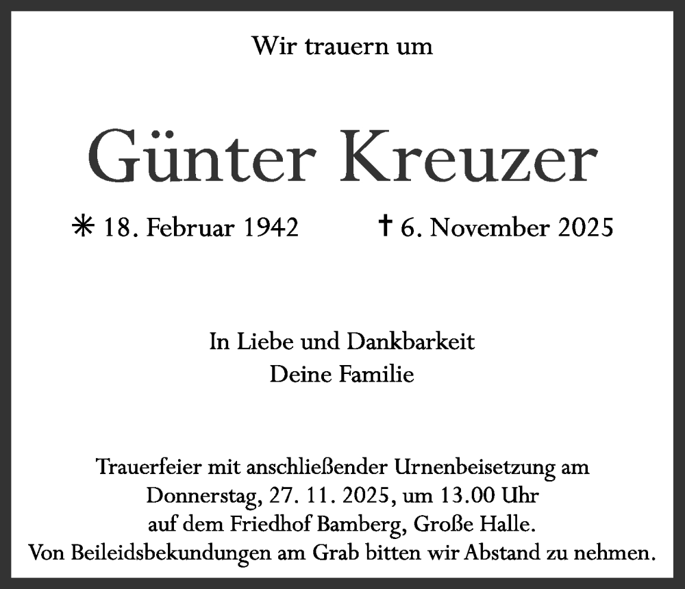  Traueranzeige für Günter Kreuzer vom 22.11.2025 aus MGO