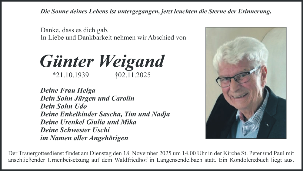  Traueranzeige für Günter Weigand vom 12.11.2025 aus MGO