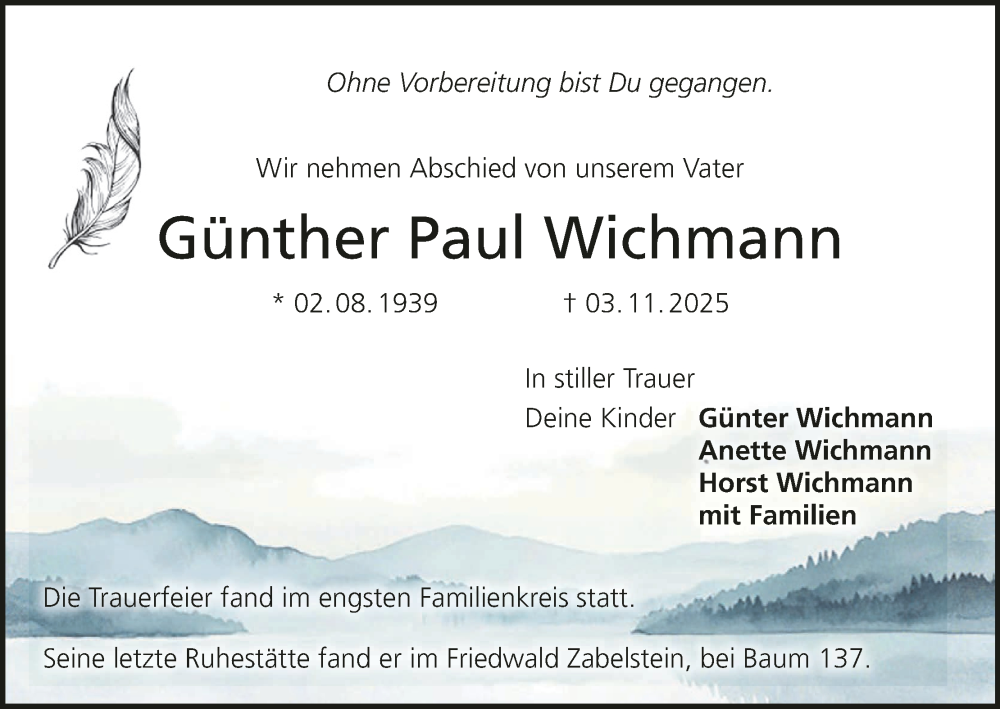  Traueranzeige für Günther Paul Wichmann vom 22.11.2025 aus MGO