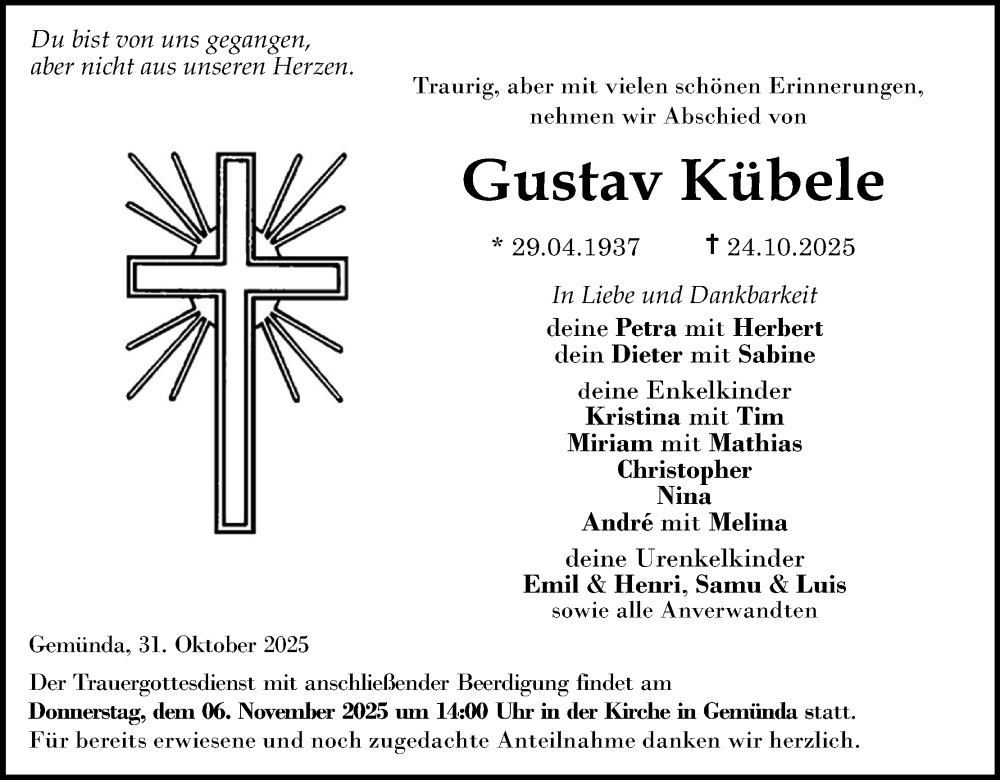  Traueranzeige für Gustav Kübele vom 31.10.2025 aus MGO